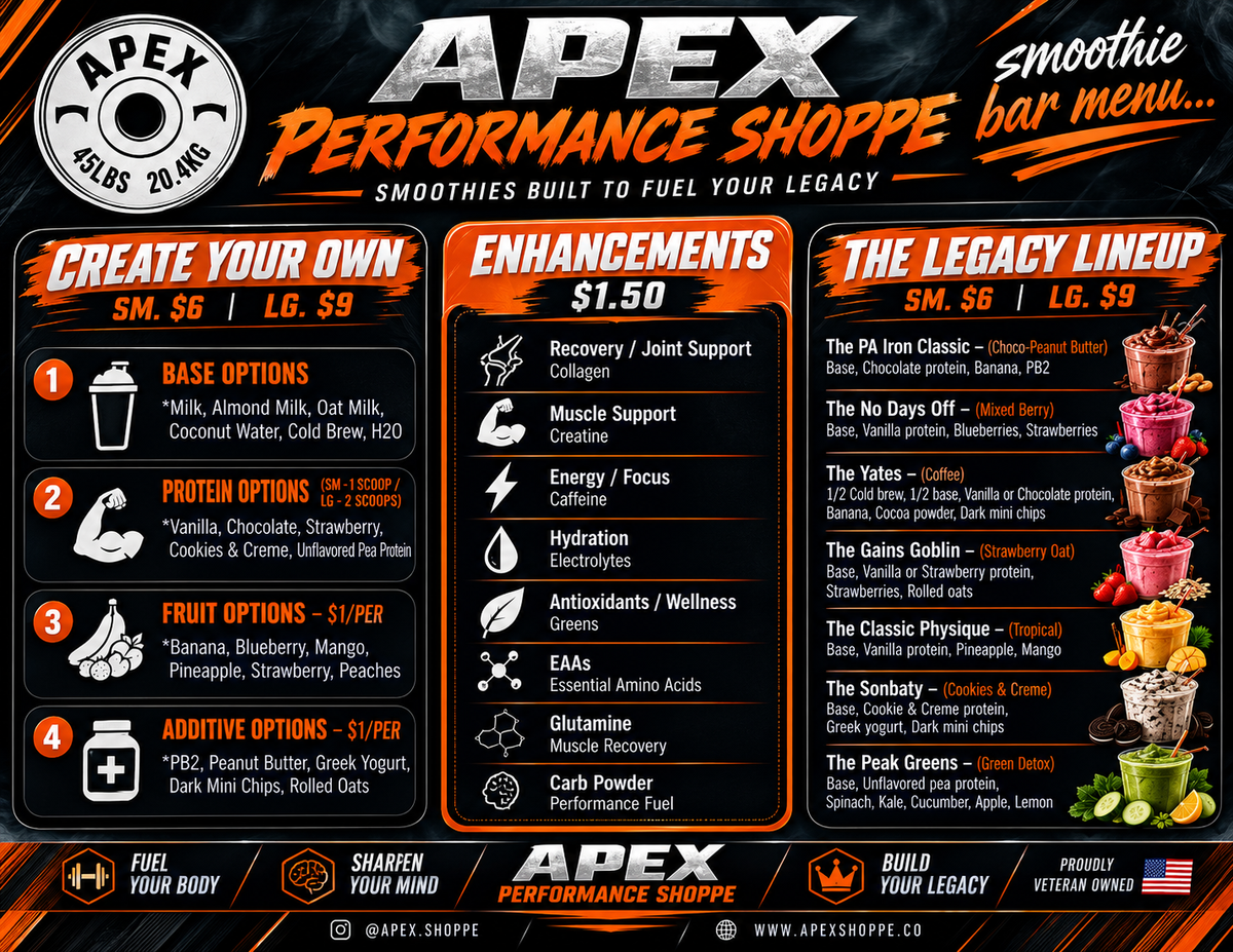 Apex Performance Shoppe smoothie bar menu